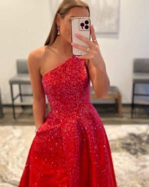 Red Beading Satin One Shoulder Long Formal Dress with Pockets PD2368