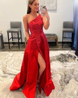 Red Beading Satin One Shoulder Long Formal Dress with Pockets PD2368