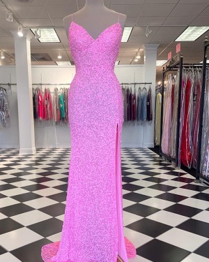 Pink Sequin Mermaid Spaghetti Straps Long Formal Dress with Side Slit PD2373