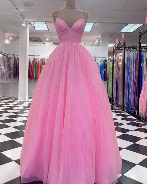 Metallic Tulle Pink A-line Spaghetti Straps Long Formal Dress PD2375