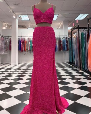 Burgundy Sequin Mermaid Two Piece Long Formal Dress with Side Slit PD2376