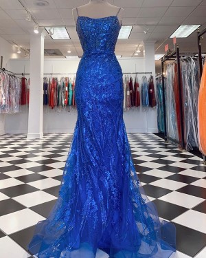 Beading Sequin Blue Mermaid Spaghetti Straps Long Formal Dress PD2377
