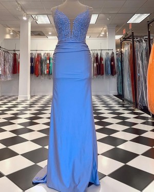 Sky Blue Beading Bodice Sheath Spaghetti Straps Long Formal Dress PD2378