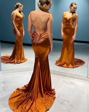 Spaghetti Straps Satin Orange Mermaid Simple Long Formal Dress with Open Back PD2380
