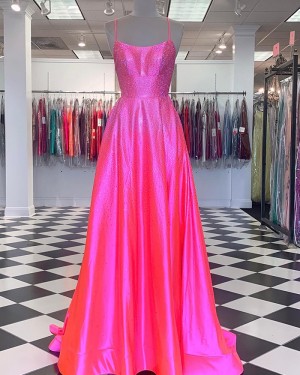 Pink Beading Satin Spaghetti Straps Long Formal Dress PD2381