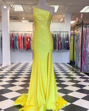 Yellow Beading Mermaid One Shoulder Long Formal Dress with Side Slit PD2382