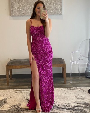 Rose Red Sequin Mermaid Spaghetti Straps Long Formal Dress with Side Slit PD2384