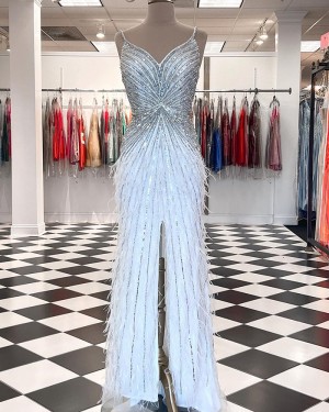 Beading Feathers Mermaid Silver Long Formal Dress with Middle Slit PD2387