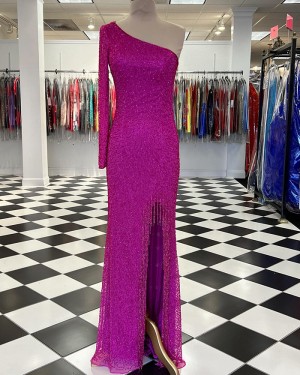 Purple One Shoulder Beading Mermaid Side Slit Formal Dress with Tassels PD2390