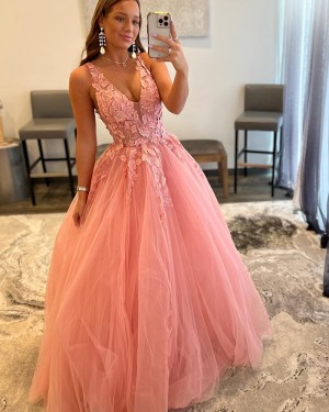Dusty Pink Beading Tulle V-neck A-line Formal Dress with Appliqued Bodice PD2391