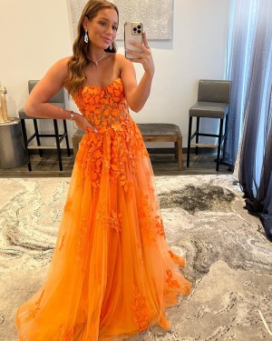 Orange Strapless Applique Tulle A-line Formal Dress PD2392