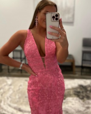 Pink Lace Applique V-neck Mermaid Formal Dress PD2393
