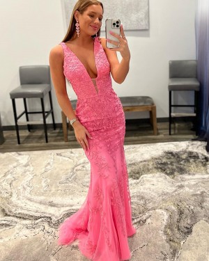 Pink Lace Applique V-neck Mermaid Formal Dress PD2393