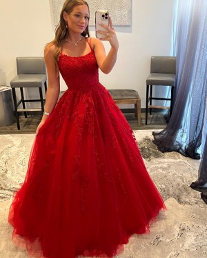 Lace Applique Spaghetti Straps Tulle Red Formal Dress PD2394