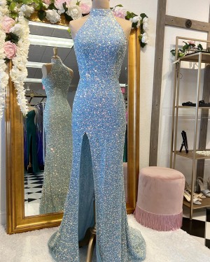 Light Blue High Neck Sequin Mermaid Formal Dress with Side Slit PD2401