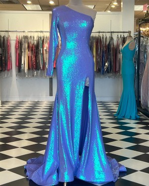 Long Sleeve One Shoulder Blue Sequin Mermaid Formal Dress with Side Slit PD2402
