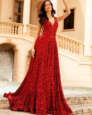 Sparkle V-neck Red Sequin Formal Dress PD2403