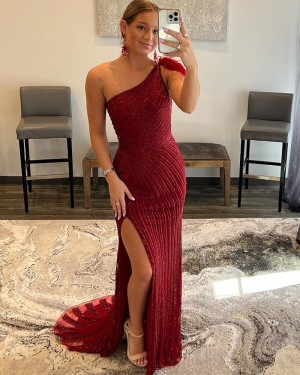 Burgundy Stripe Sequin One Shoulder Mermaid Formal Dress with Feather PD2408