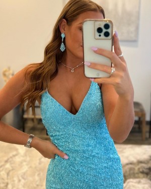 Cyan Sequin Spaghetti Straps Mermaid Formal Dress with Side Slit PD2411