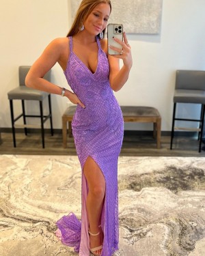 V-neck Lavender Beading Mermaid Gorgeous Formal Dress with Side Slit PD2412