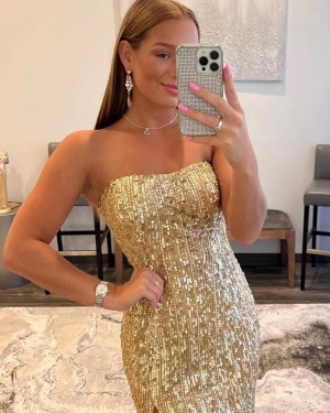 Gold Stripe Sequin Strapless Mermaid Formal Dress with Side Slit PD2420