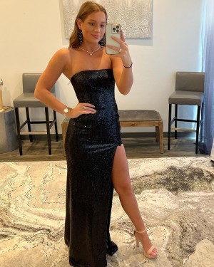 Black Sequin Mermaid Strapless Formal Dress with Side Slit PD2421