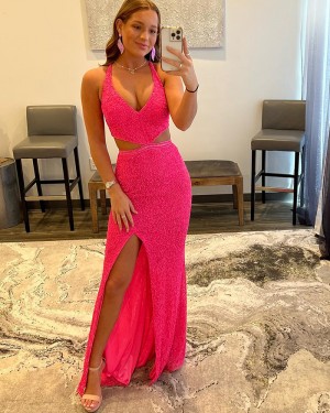 Cutout Halter Sequin Fuchsia Mermaid Formal Dress with Side Slit PD2422