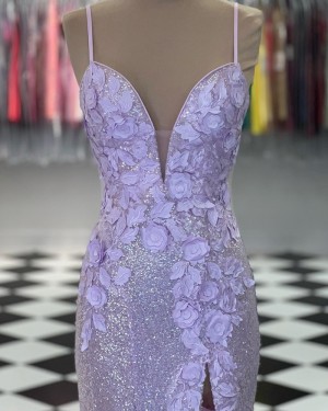 Spaghetti Straps Lavender Sequin Handmade Flowers Formal Dress with Side Slit PD2425