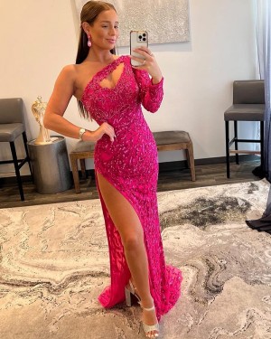 One Shoulder Fuchsia Beading Lace Mermaid Formal Dress with Long Sleeves PD2428