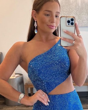 One Shoulder Blue Beading Cutout Mermaid Formal Dress with Side Slit PD2434