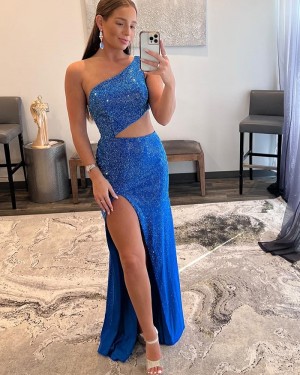 One Shoulder Blue Beading Cutout Mermaid Formal Dress with Side Slit PD2434