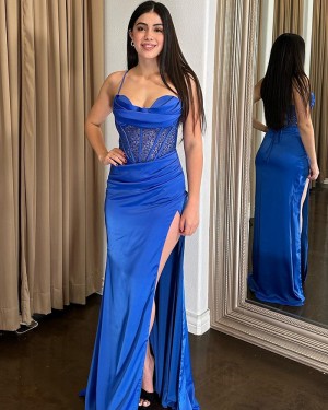 Spaghetti Straps Blue Ruched Beading Satin Mermaid Formal Dress with Side Slit PD2435