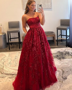 Strapless Red Sequin Lace A-line Formal Dress with Pockets PD2436