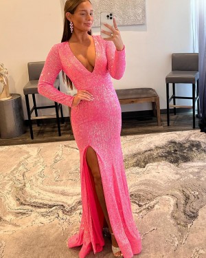 V-neck Pink Long Sleeve Stripe Sequin Mermaid Formal Dress with Side Slit PD2437