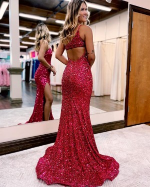 One Shoulder Burgundy Sequin Mermaid Formal Dress with Side Slit PD2438