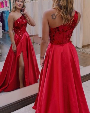 One Shoulder Red Mirror Beading Bodice Formal Dress with Side Slit PD2440