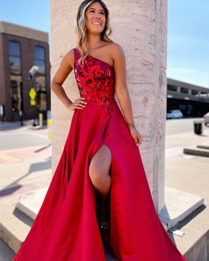 One Shoulder Red Mirror Beading Bodice Formal Dress with Side Slit PD2440