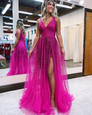 V-neck Beading Fuchsia Pleated Tulle Formal Dress with Side Slit PD2444