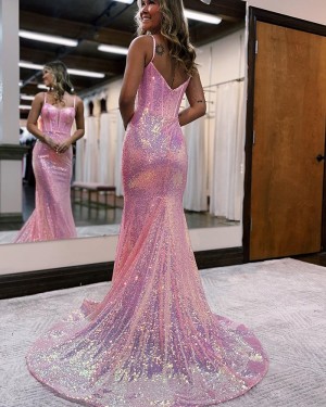 Spaghetti Straps Sequin Pink Mermaid Formal Dress PD2449