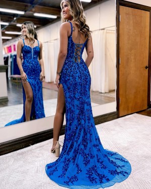 Spaghetti Straps Sequin Lace Blue Mermaid Formal Dress with Side Slit PD2450
