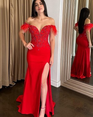 Off the Shoulder Feather Beading Red Mermaid Formal Dress with Side Slit PD2451