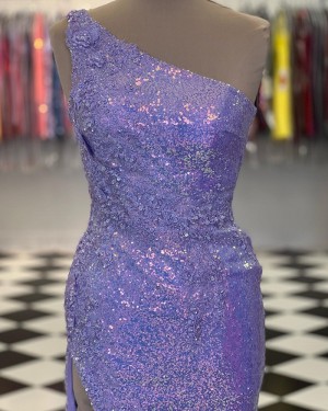 Appliqued Lavender Sequin One Shoulder Long Formal Dress with Side Slit PD2454