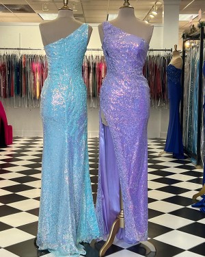 Appliqued Lavender Sequin One Shoulder Long Formal Dress with Side Slit PD2454