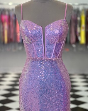 Pink Sequin Spaghetti Straps Mermaid Long Formal Dress PD2455