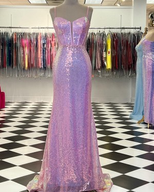 Pink Sequin Spaghetti Straps Mermaid Long Formal Dress PD2455