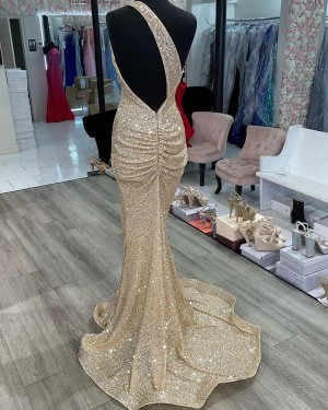 Champagne Stripe Sequin One Shoulder Mermaid Long Formal Dress with Side Slit PD2457