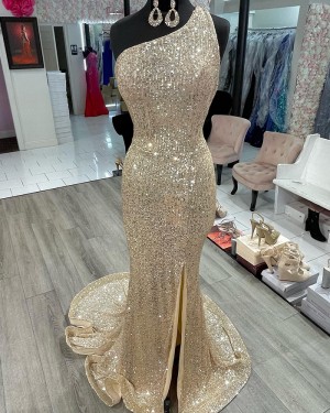 Champagne Stripe Sequin One Shoulder Mermaid Long Formal Dress with Side Slit PD2457