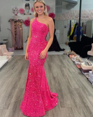 Fuchsia Sequin One Shoulder Mermaid Long Formal Dress PD2459