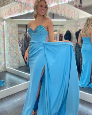 Beaded Bodice Ruched Lake Blue Sweetheart Mermaid Long Formal Dress with Side Slit PD2462
