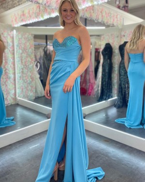 Beaded Bodice Ruched Lake Blue Sweetheart Mermaid Long Formal Dress with Side Slit PD2462